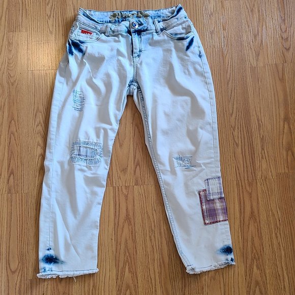 DESIGUAL EXOTIC JEANS 6 bleached patched stitched stretch denim cropped sz 30 - Picture 2 of 9